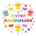 Happy birthday in french. Colorful vector greeting card.