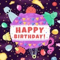 Happy Birthday funny and cute space greeting card (and background) with cartoon aliens and monsters. Royalty Free Stock Photo