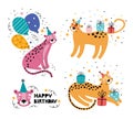 Happy birthday funny leopard or Jaguar. Jungle animal party. Wild animal character on holiday. Festive decoration, gifts, cap, Royalty Free Stock Photo