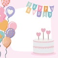 happy birthday garland with balloons and birthday cake Royalty Free Stock Photo