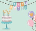 happy birthday garland with birthday cake and balloons on a green background Royalty Free Stock Photo