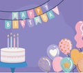 happy birthday garland with birthday cake and balloons on a purple background Royalty Free Stock Photo