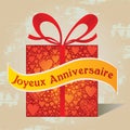 Happy Birthday Gift Box French Text with Heart Pattern and Ribbon in Red Colors Royalty Free Stock Photo