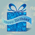 Happy Birthday Gift Box with Heart Pattern and Ribbon in Blue Colors Royalty Free Stock Photo