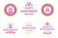 Happy birthday gift box purple vintage emblem and badge set for greeting card design vector flat Royalty Free Stock Photo