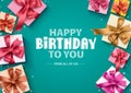 Happy birthday gift boxes vector background. Birthday greeting card with colorful gift boxes, ribbons Royalty Free Stock Photo