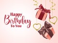 Happy birthday gifts vector banner template. Happy birthday greeting text in empty space for messages with hanging elegant party. Royalty Free Stock Photo