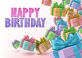 Happy birthday gifts vector concepts design. Birthday greeting text with boxes of gifts elements