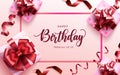 Happy birthday gifts vector template design. Happy birthday text in pink frame with gift boxes, ribbon and lasso surprise elements