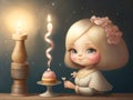 Lovely illustration of a pretty smiling child girl next to a birthday cupcake in the light of a candle. AI generated