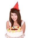 Happy birthday girl with cake. Royalty Free Stock Photo