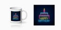 Happy birthday glowing neon sign with cake and a candle print for cup design. Birthday celebration symbol mug mockup