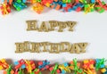 Happy birthday golden text and colorful gifts on a white Royalty Free Stock Photo