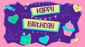 Happy birthday greeting banner with geometric elements, smiling hearts and sweets in 90s, 80s style