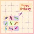 Happy Birthday. Greeting birth card with sweet. Postcard with candy.