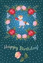 Happy birthday greeting card for baby with cute lovely fox and wreath of red and pink roses and bellflowers. Royalty Free Stock Photo