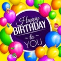 Happy Birthday greeting card. Bunch of colorful balloons and confetti. Stylish lettering on background. Vector.