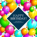 Happy Birthday greeting card. Bunch of colorful balloons and confetti. Stylish lettering on background. Vector.