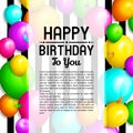 Happy Birthday greeting card. Bunch of colorful balloons and confetti. Stylish lettering on striped background. Vector.