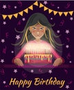 Happy birthday greeting card. Cartoon girl with long hair blows out the candles on the cake Royalty Free Stock Photo