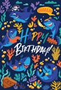 Happy Birthday greeting card with cartoon sharks pirate in comic style