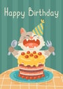 Happy birthday greeting card with cat, cake, party hat. The kitty opened his mouth to eat the birthday pie with a fork and spoon.