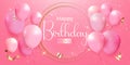 Happy birthday celebration with glossy balloons and flying serpentine on pink background Royalty Free Stock Photo