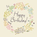 Happy Birthday Greeting Card. Circle Floral Frame