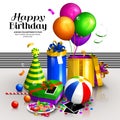 Happy birthday greeting card. Colorful wrapped gift boxes. Lots of presents and toys. Vector. Royalty Free Stock Photo