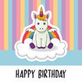 Happy Birthday Greeting card with cute baby unicorn with rainbow and cloud background Royalty Free Stock Photo