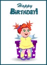 Happy Birthday Greeting Card of Cute Cartoon Girl Royalty Free Stock Photo