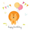 Happy Birthday Greeting Card with Cute Cartoon Scandinavian Style Lion Holding Colorful Balloons with Flags Garlands Royalty Free Stock Photo