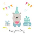 Happy Birthday Greeting Card with Cute Cartoon Scandinavian Style Teddy Bear Holding Wrapped Gift Box with Flags