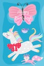 Happy birthday greeting card with cute cartoon unicorn, little fox and flying bird on sunny blue background Royalty Free Stock Photo