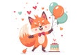 Happy Birthday. Greeting card with a cute fox in flat style on a white background. Royalty Free Stock Photo