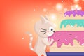 Happy Birthday, greeting card, cute kitten celebration party firework, confetti and star glitter falling, adorable cat cartoon Royalty Free Stock Photo