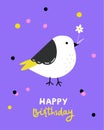 Happy birthday greeting card. Cute little bird with daisy flower on purple background and hand lettering text Happy Royalty Free Stock Photo