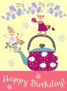 Happy birthday greeting card with cute little fox on the teapot with bouquet of roses. Royalty Free Stock Photo