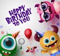 Happy birthday greeting card with cute little monsters creature vector background design Royalty Free Stock Photo