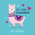 Happy Birthday greeting card with cute llama and doodles. Keep b