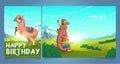 Happy birthday greeting card with cute llama,