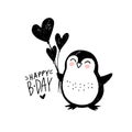 Happy Birthday greeting card with cute penguin, ballons and hand draw lettering inscription. Doodle cute animal