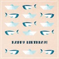 Happy Birthday Greeting Card. Cute Whales and Paper Ships. Vector Illustration