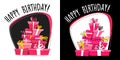 Happy birthday greeting card design , catroon funny style car with gifts , new flat vector illustration . pink white and black yel