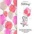 Happy Birthday greeting card design with cute dinosaur girl and balloons Royalty Free Stock Photo