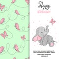 Happy Birthday greeting card design with cute elephant and butterfly. Royalty Free Stock Photo