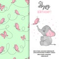 Happy Birthday greeting card design with cute elephant and butterfly. Royalty Free Stock Photo