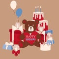 Happy birthday greeting card design, vector illustration. Cute teddy bear toy holding heart with space for text Royalty Free Stock Photo