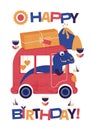 happy birthday greeting card with dinosaur on car