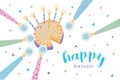 Happy birthday greeting card. Festive cake with candles. Vector illustration, cartoon postcard. Royalty Free Stock Photo